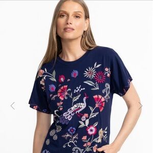 Johnny Was Navy Top with Colorful Embroidery